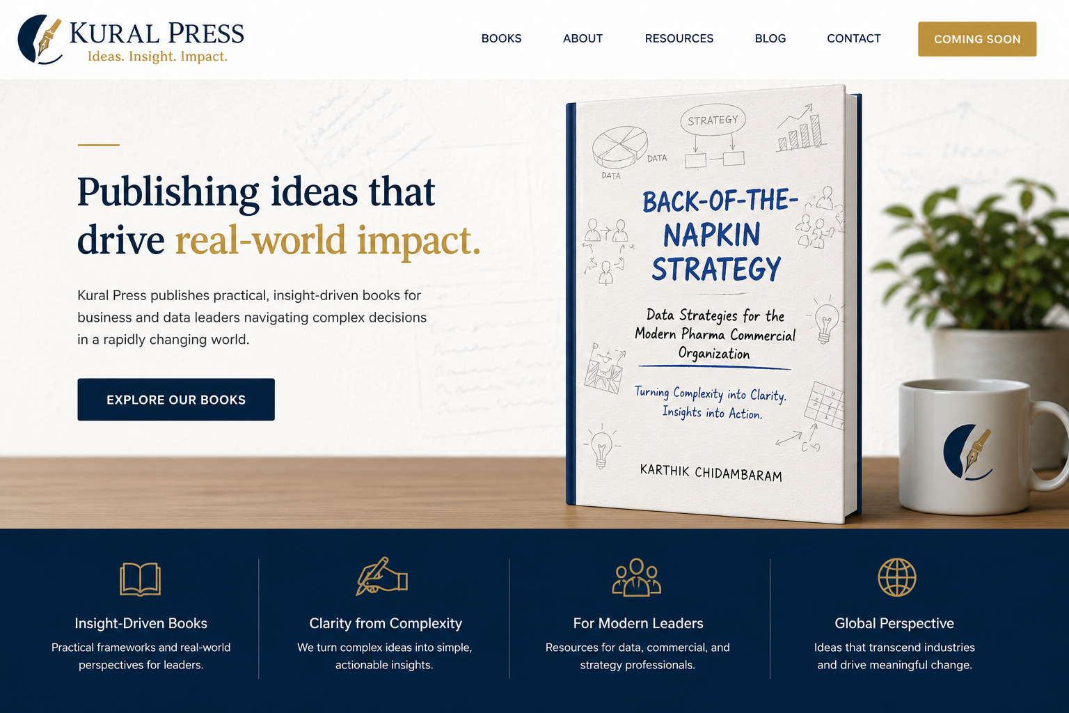Kural Press homepage concept with book and hand-drawn strategy sketches
